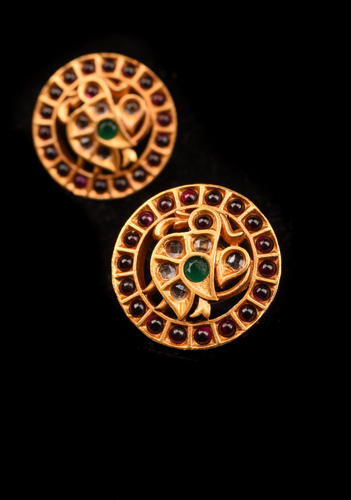 Annapakshi Kemp Antique Gold finish studs earrings | Shobitam Jewelry