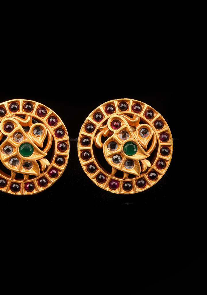 Annapakshi Kemp Antique Gold finish studs earrings | Shobitam Jewelry