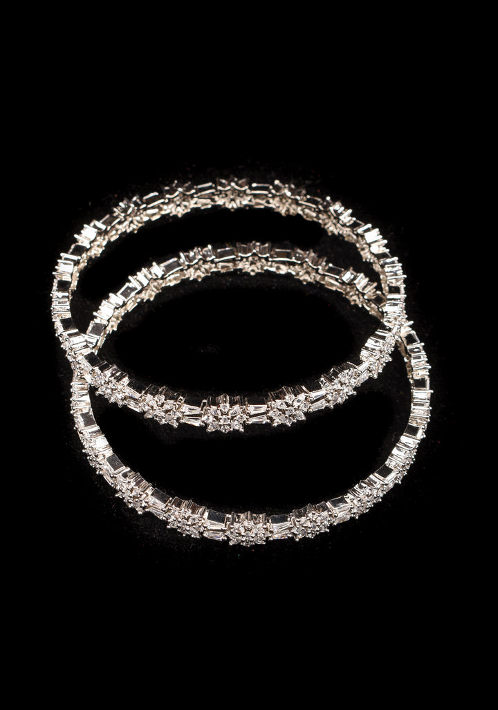 Silver Tone Bangles with White CZ Stone Floral Design – Size 2.5