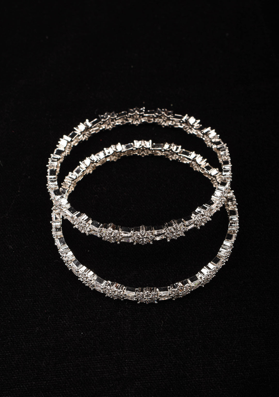 Silver Tone Bangles with White CZ Stone Floral Design – Size 2.5