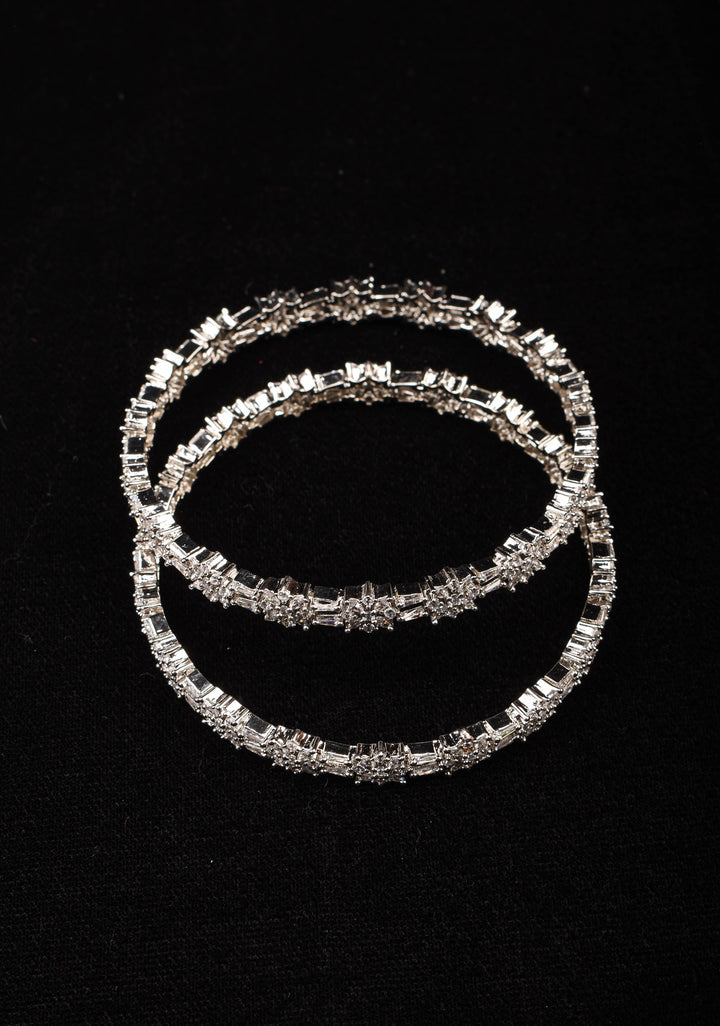 Silver Tone Bangles with White CZ Stone Floral Design – Size 2.5