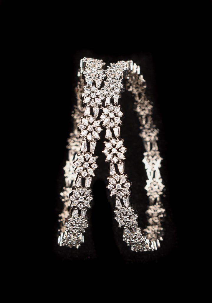 Silver Tone Bangles with White CZ Stone Floral Design – Size 2.5