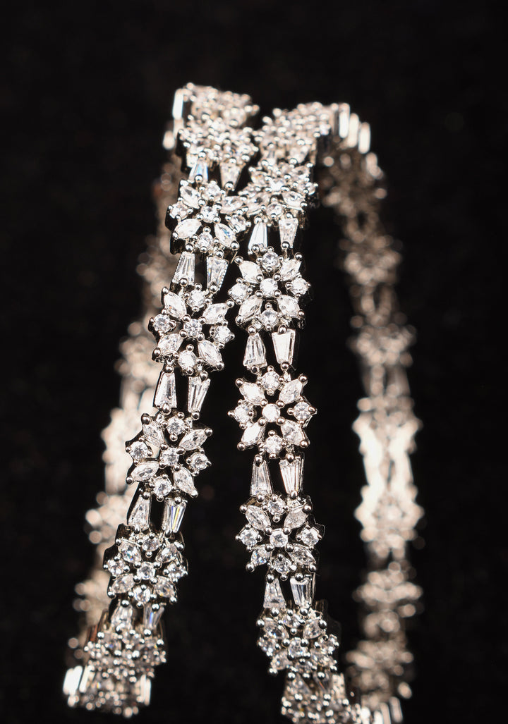 Silver Tone Bangles with White CZ Stone Floral Design – Size 2.5