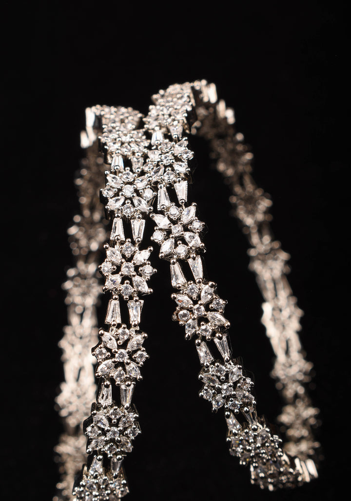 Silver Tone Bangles with White CZ Stone Floral Design – Size 2.5