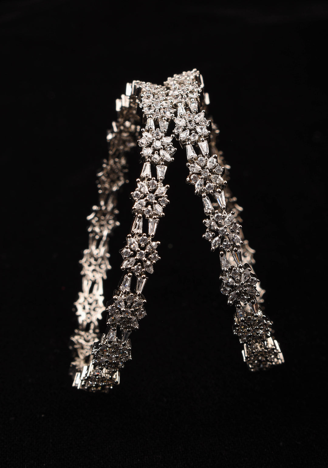 Silver Tone Bangles with White CZ Stone Floral Design – Size 2.5