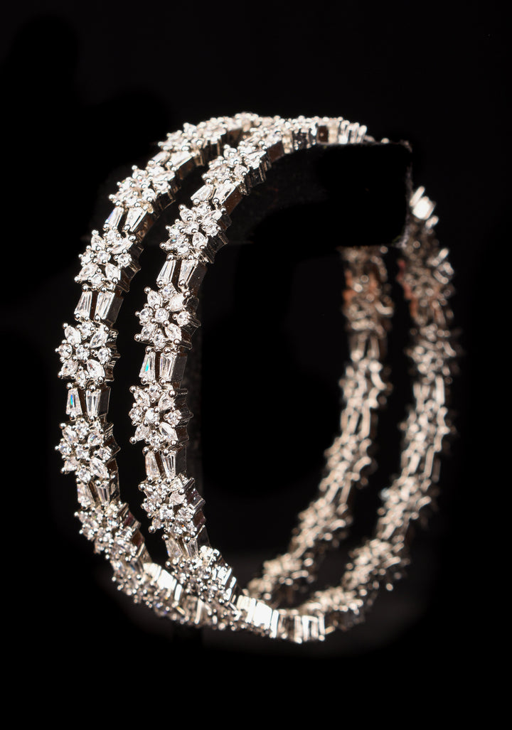 Silver Tone Bangles with White CZ Stone Floral Design – Size 2.5