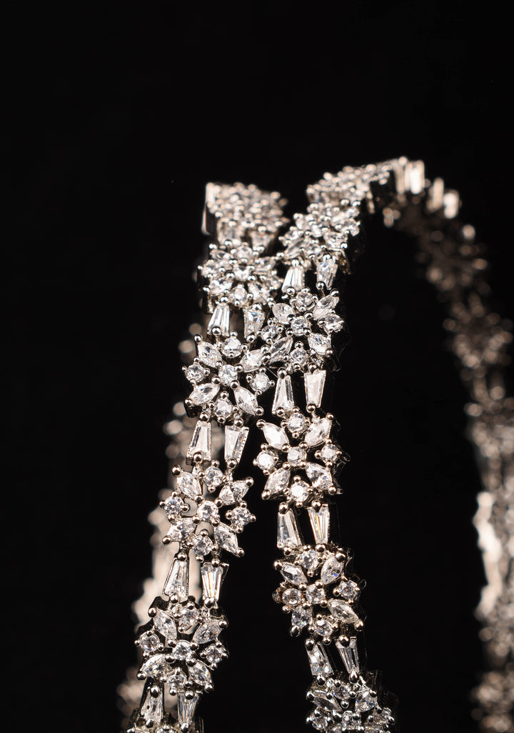 Silver Tone Bangles with White CZ Stone Floral Design – Size 2.5