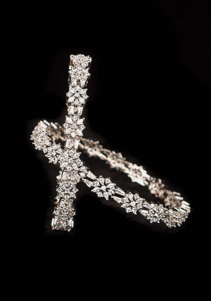 Silver Tone Bangles with White CZ Stone Floral Design – Size 2.5