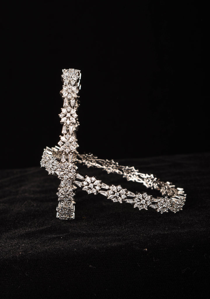 Silver Tone Bangles with White CZ Stone Floral Design – Size 2.5