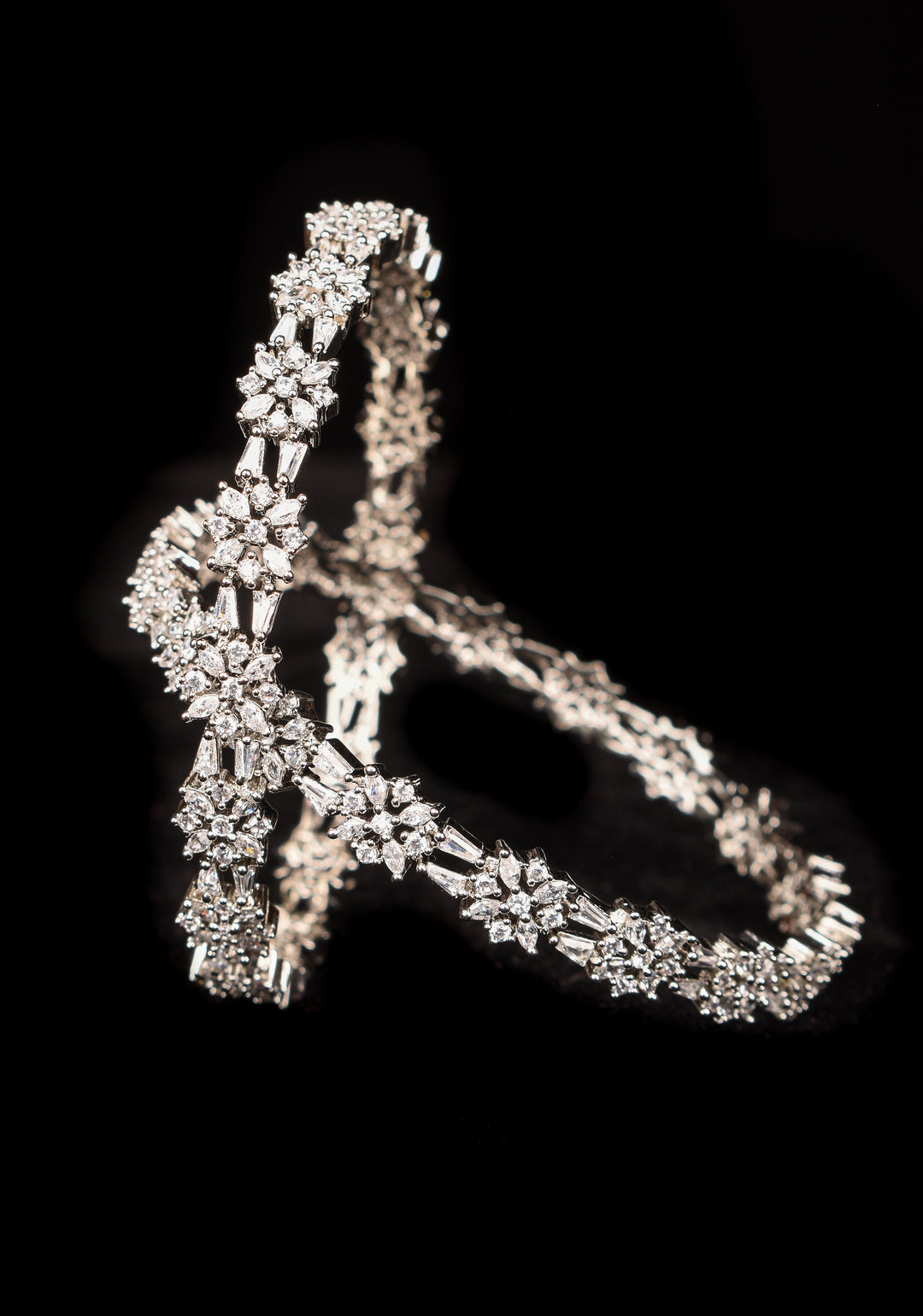 Silver Tone Bangles with White CZ Stone Floral Design – Size 2.5