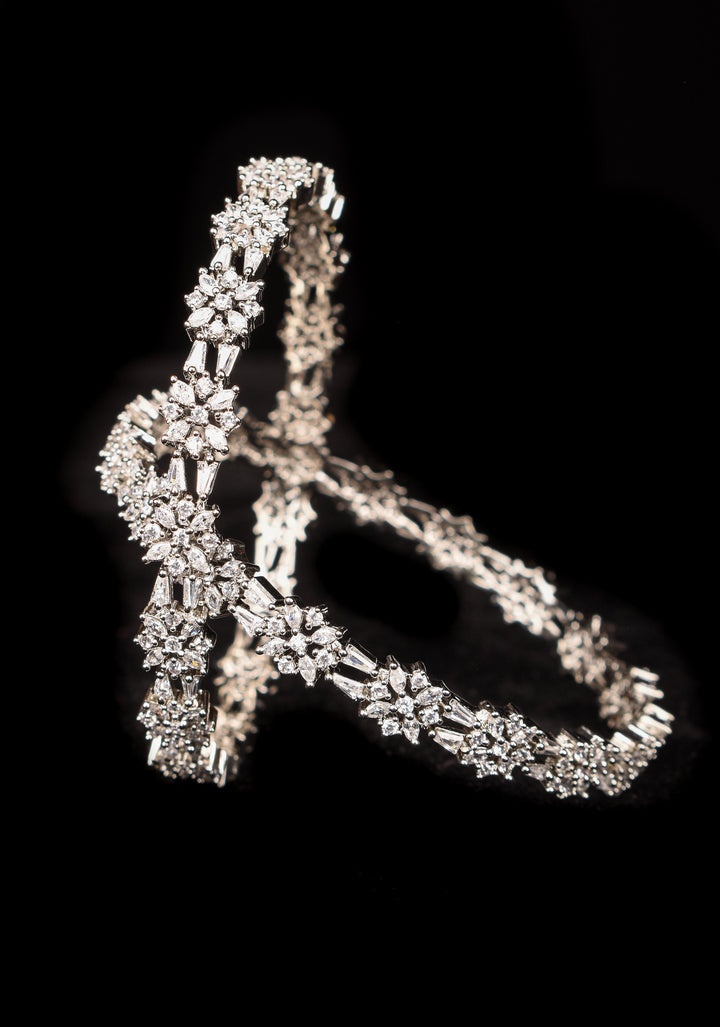 Silver Tone Bangles with White CZ Stone Floral Design – Size 2.5