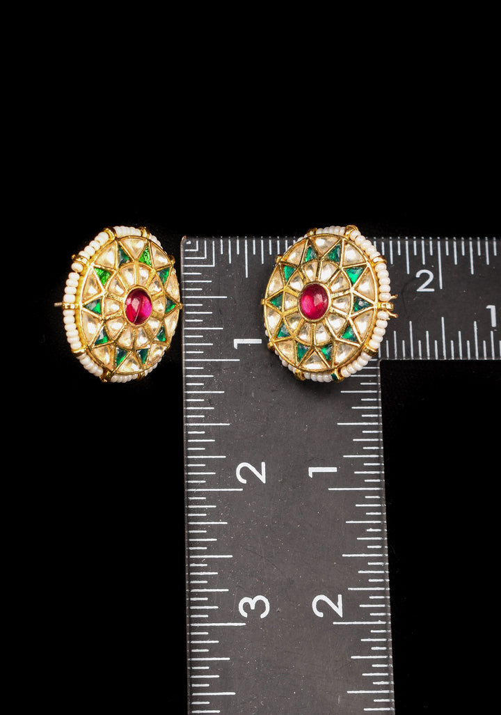 1.1" Jadau Green and White Stones Handmade Studs with White Beads
