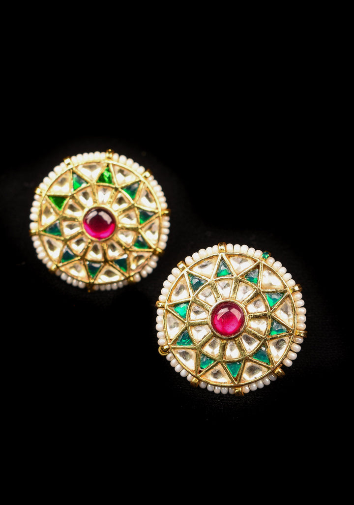 1.1" Jadau Green and White Stones Handmade Studs with White Beads