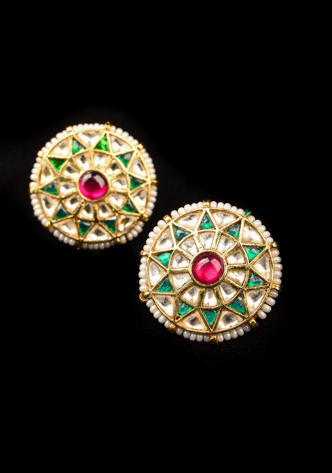 1.1" Jadau Green and White Stones Handmade Studs with White Beads