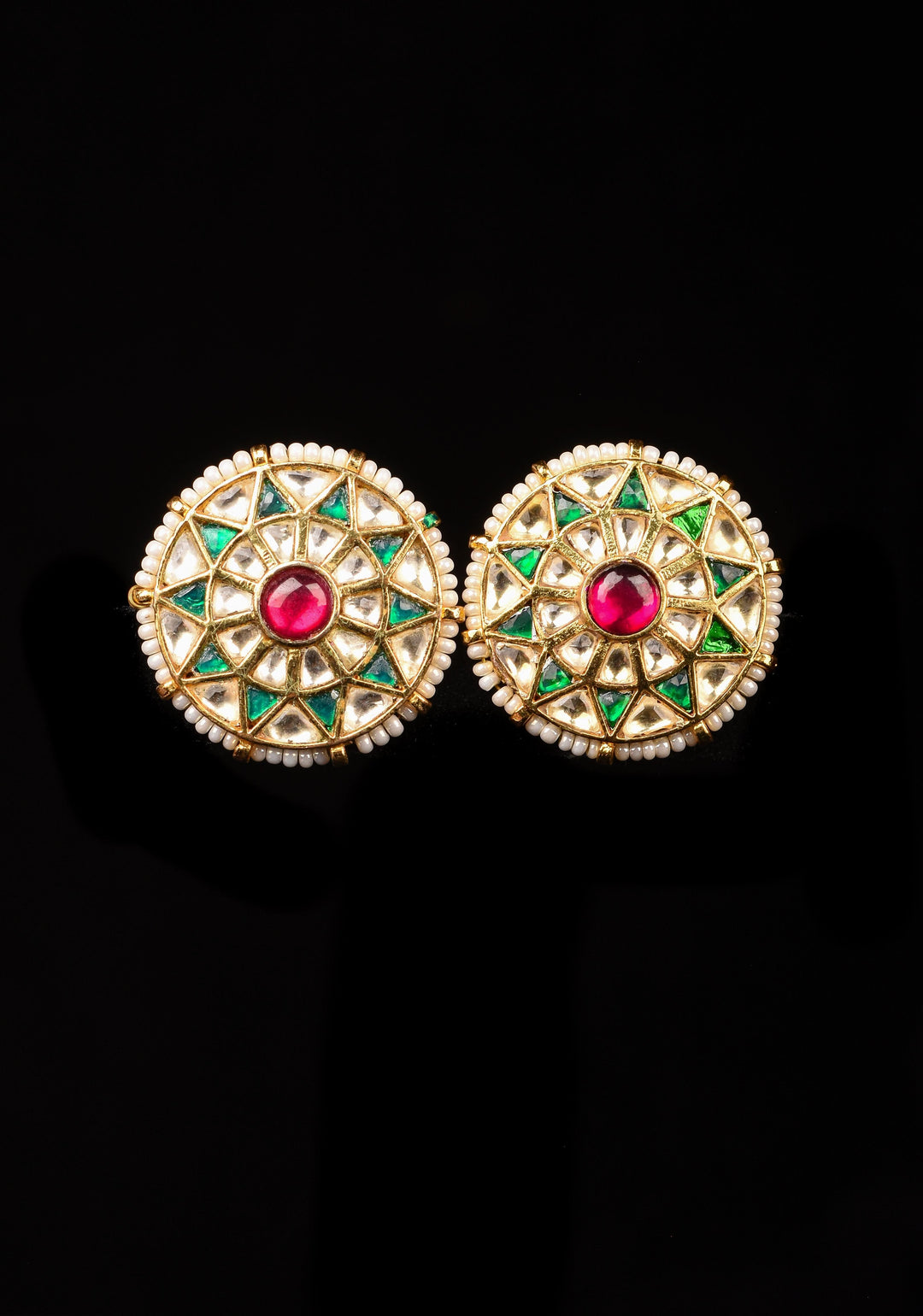 1.1" Jadau Green and White Stones Handmade Studs with White Beads