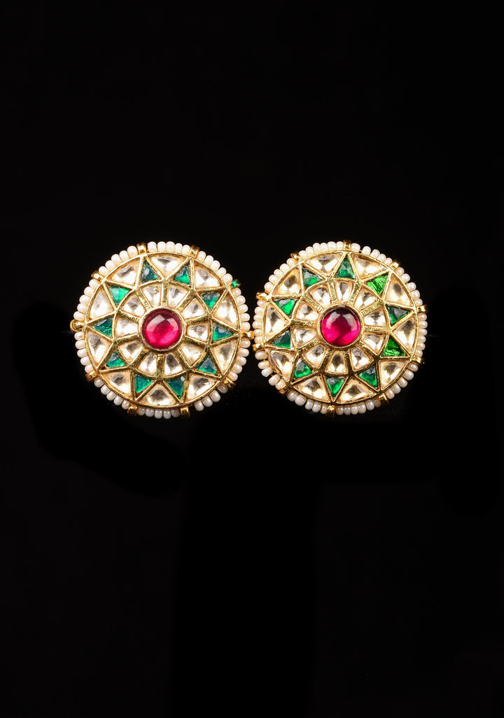 1.1" Jadau Green and White Stones Handmade Studs with White Beads