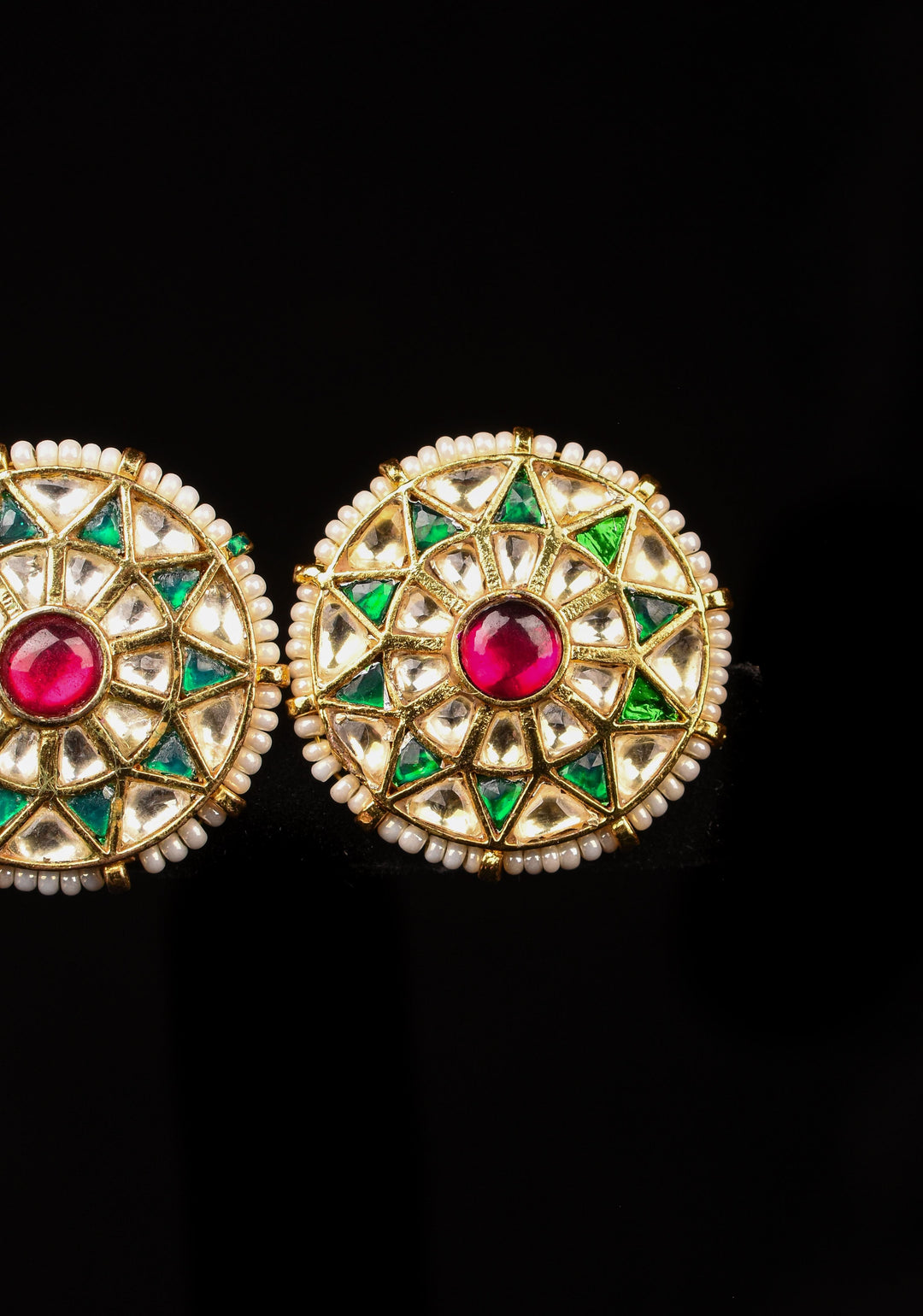 1.1" Jadau Green and White Stones Handmade Studs with White Beads