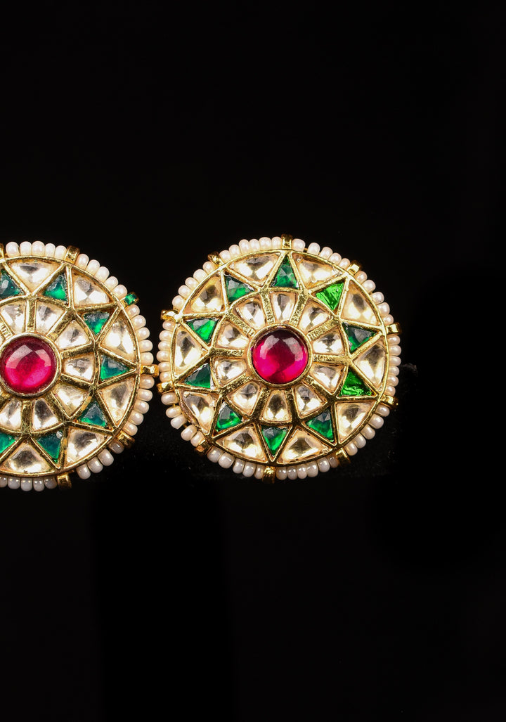 1.1" Jadau Green and White Stones Handmade Studs with White Beads
