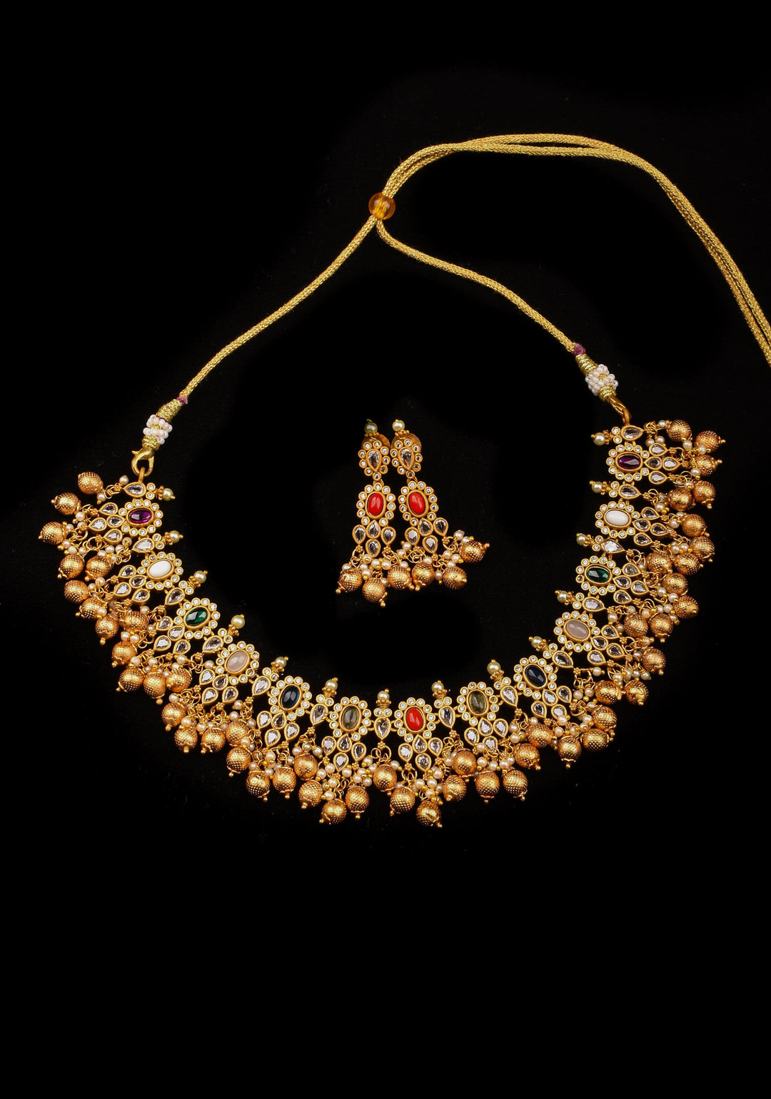 Antique matte gold finished Multicolored stones necklace set with matching Earrings