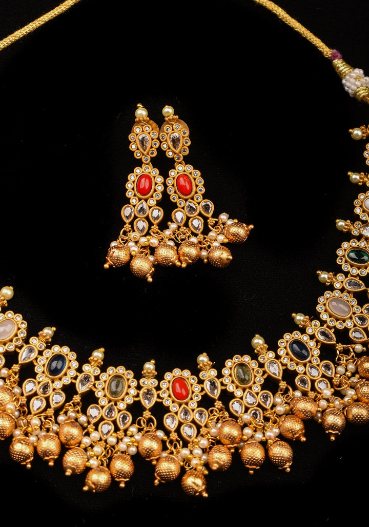 Antique matte gold finished Multicolored stones necklace set with matching Earrings