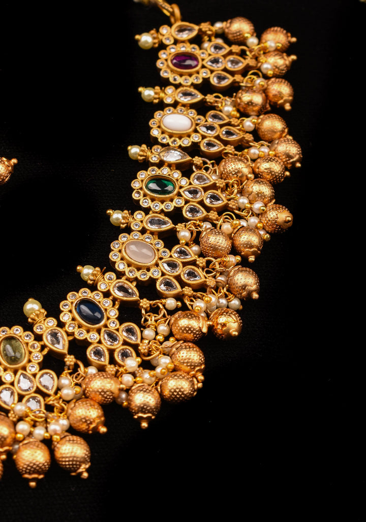 Antique matte gold finished Multicolored stones necklace set with matching Earrings