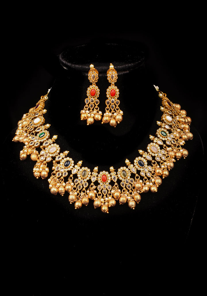 Antique matte gold finished Multicolored stones necklace set with matching Earrings