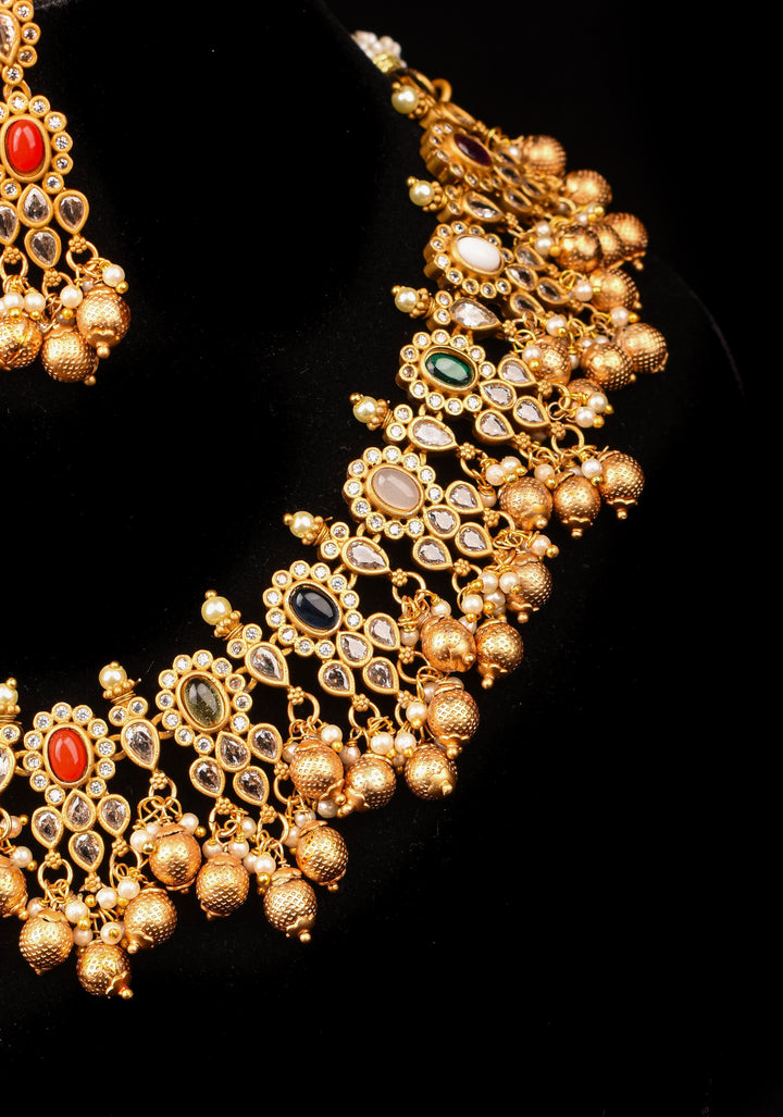 Antique matte gold finished Multicolored stones necklace set with matching Earrings