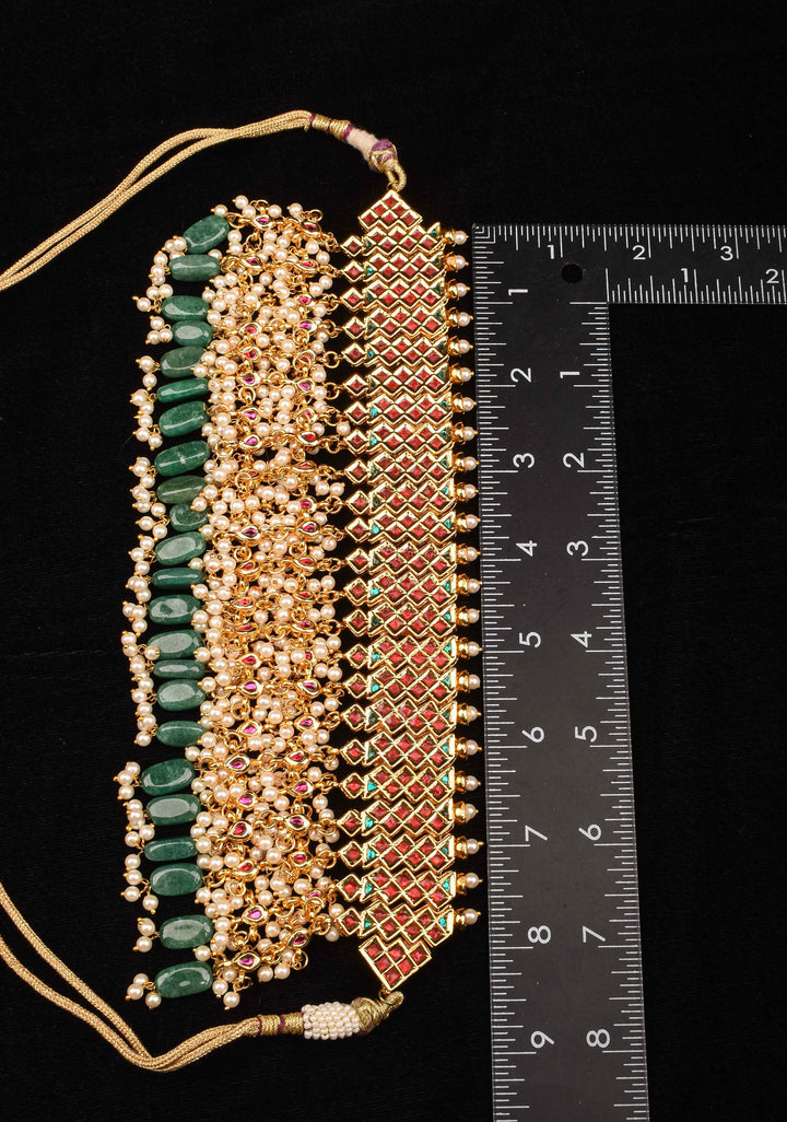 Jadau Choker in Red,Pink and white Stones with Dangling Beads | Shobitam Jewelry