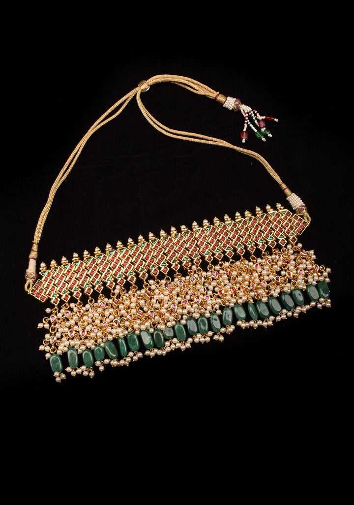 Jadau Choker in Red,Pink and white Stones with Dangling Beads | Shobitam Jewelry
