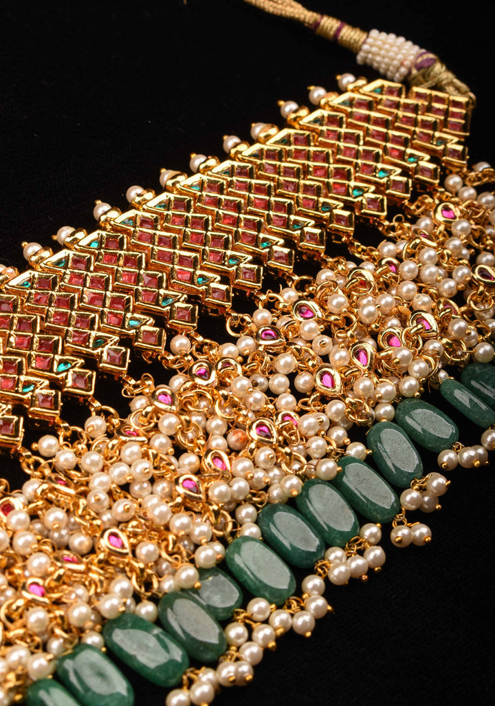 Jadau Choker in Red,Pink and white Stones with Dangling Beads | Shobitam Jewelry