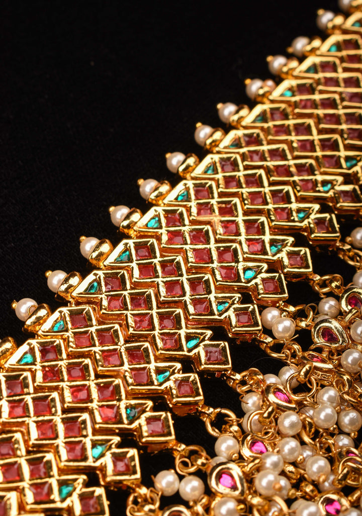 Jadau Choker in Red,Pink and white Stones with Dangling Beads | Shobitam Jewelry