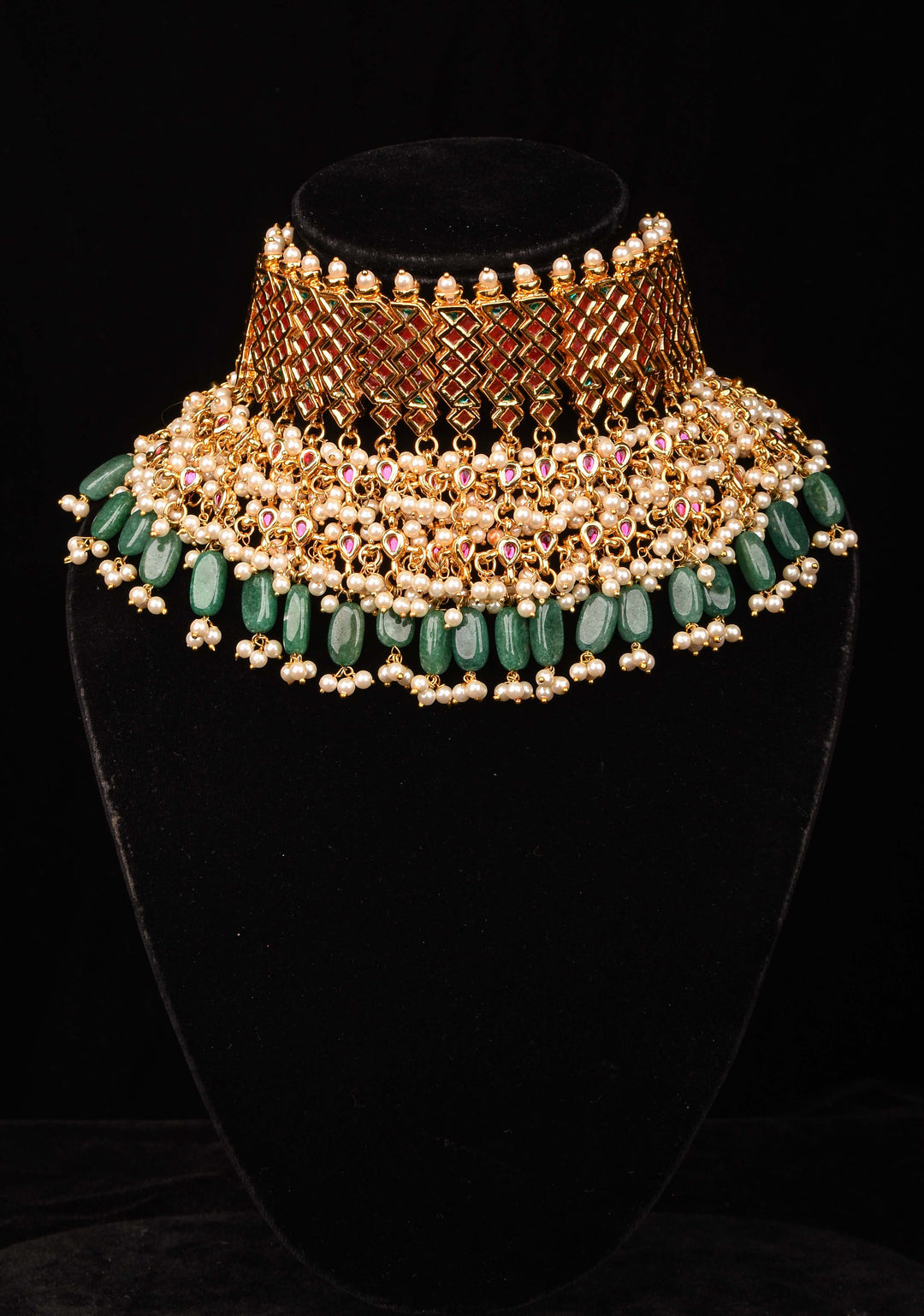 Jadau Choker in Red,Pink and white Stones with Dangling Beads | Shobitam Jewelry