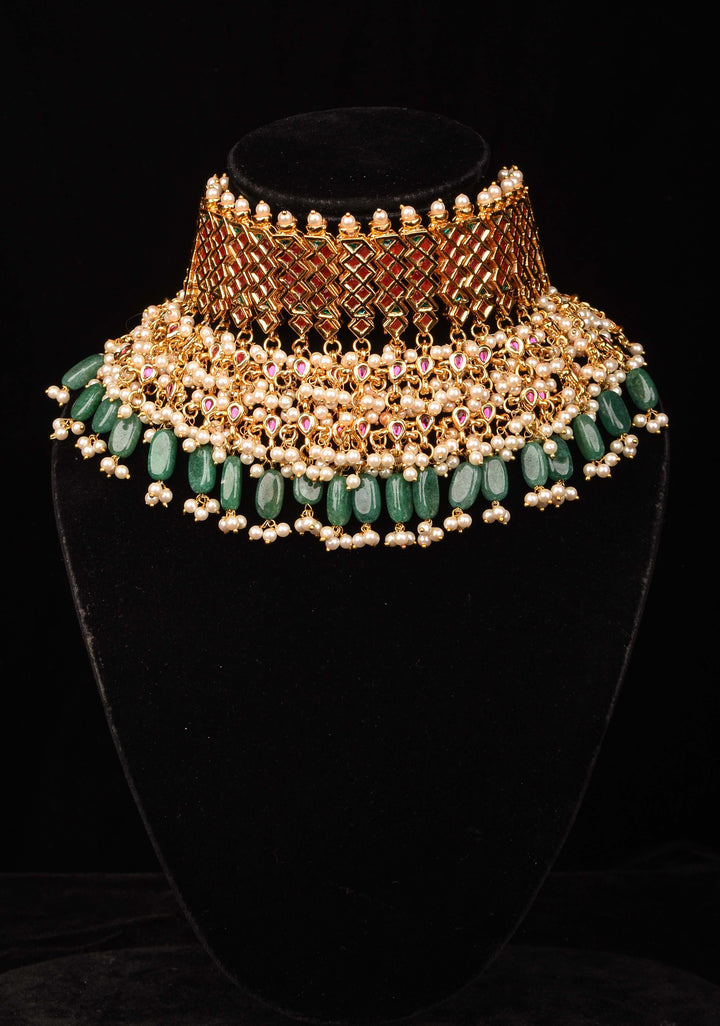 Jadau Choker in Red,Pink and white Stones with Dangling Beads | Shobitam Jewelry