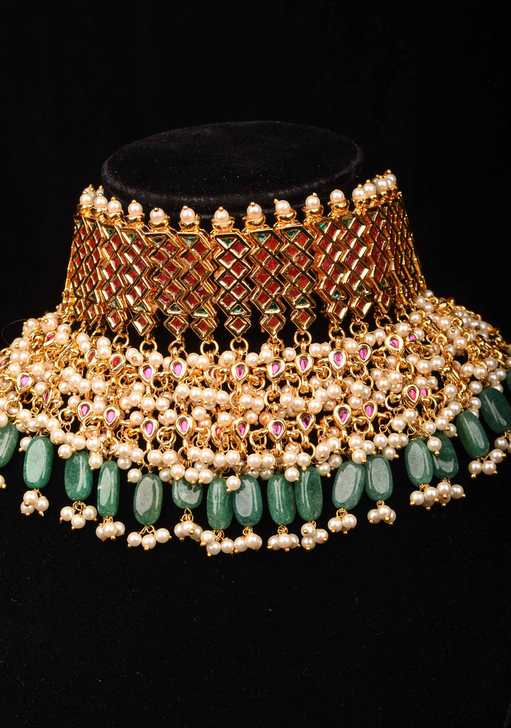 Jadau Choker in Red,Pink and white Stones with Dangling Beads | Shobitam Jewelry