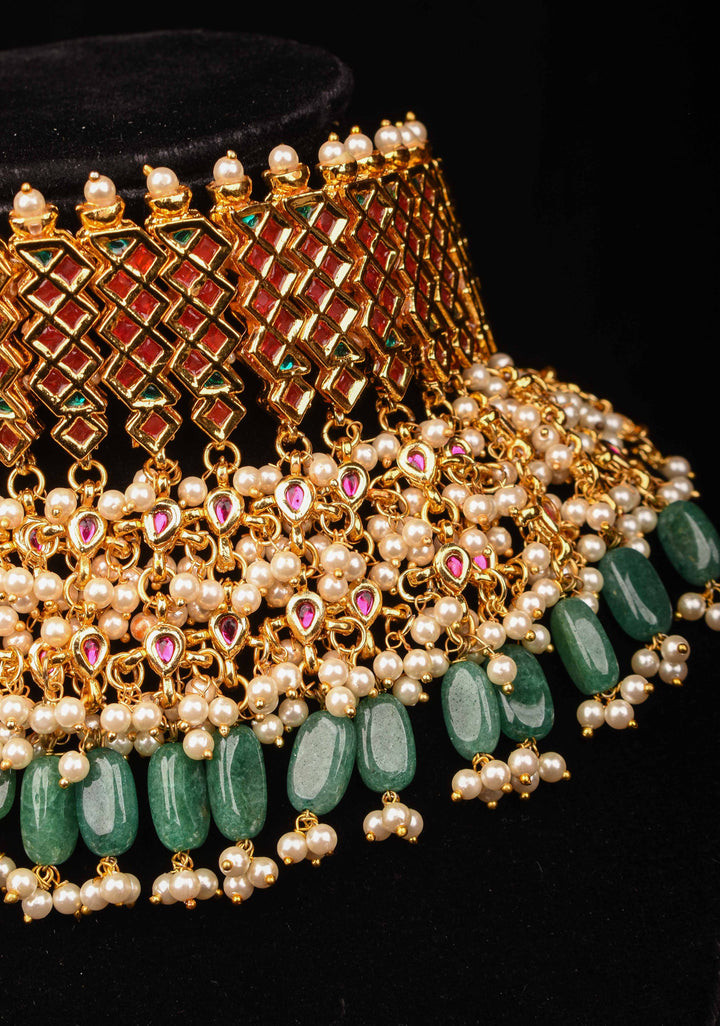 Jadau Choker in Red,Pink and white Stones with Dangling Beads | Shobitam Jewelry