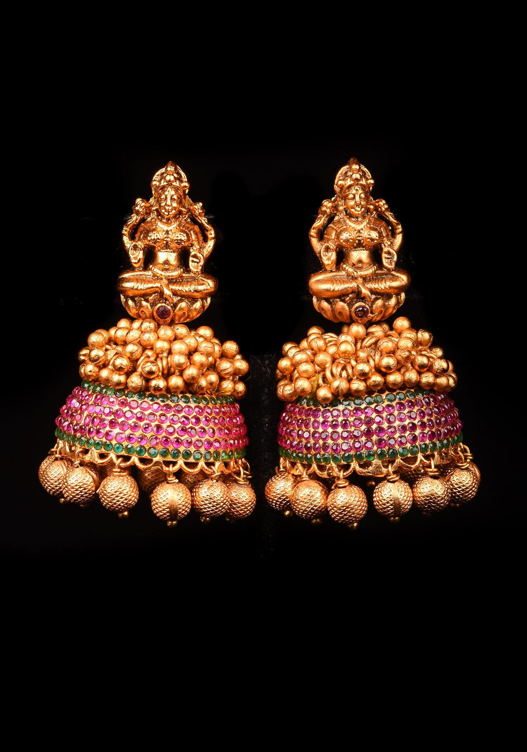 Traditional Antique Finish Gold Lakshmi Jhumkas with powder red stones and Gold Beads