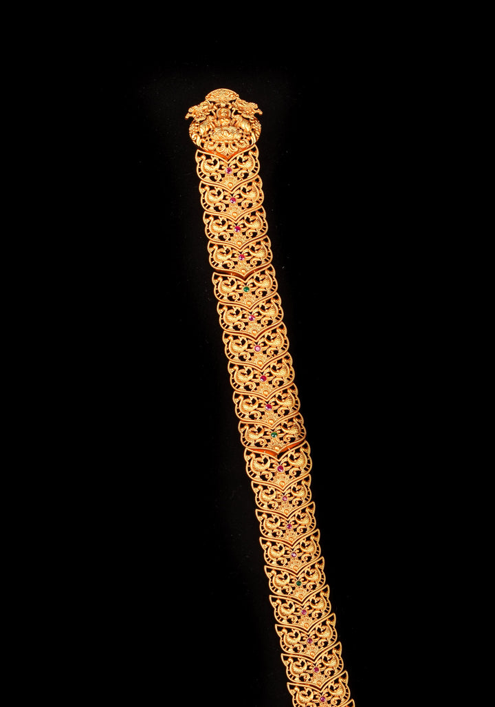 Antique jada billai lakshmi and peacock design with Red and Green stones and gold bead hanging | Shobitam jewelry