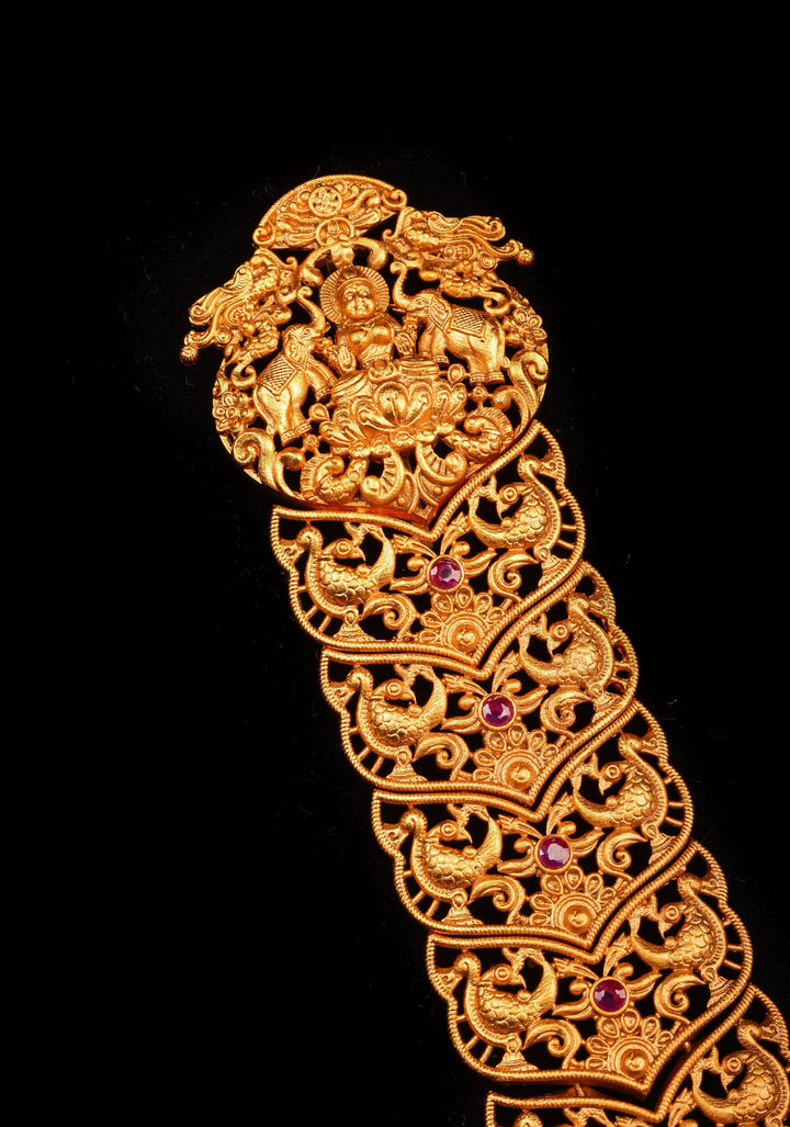 Antique jada billai lakshmi and peacock design with Red and Green stones and gold bead hanging | Shobitam jewelry