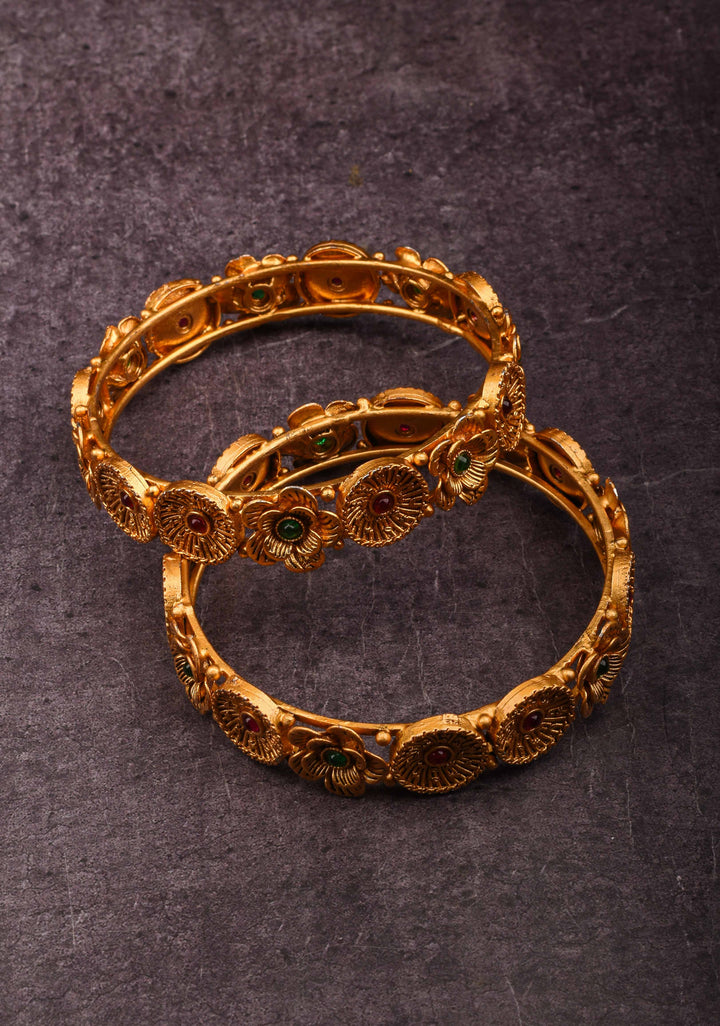 Antique Tone Floral Design Bangles – Size 2.6 Diameter