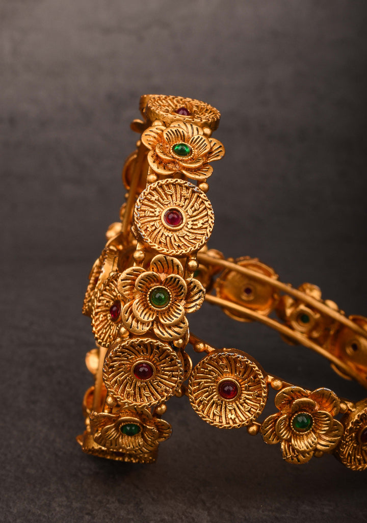 Antique Tone Floral Design Bangles – Size 2.6 Diameter