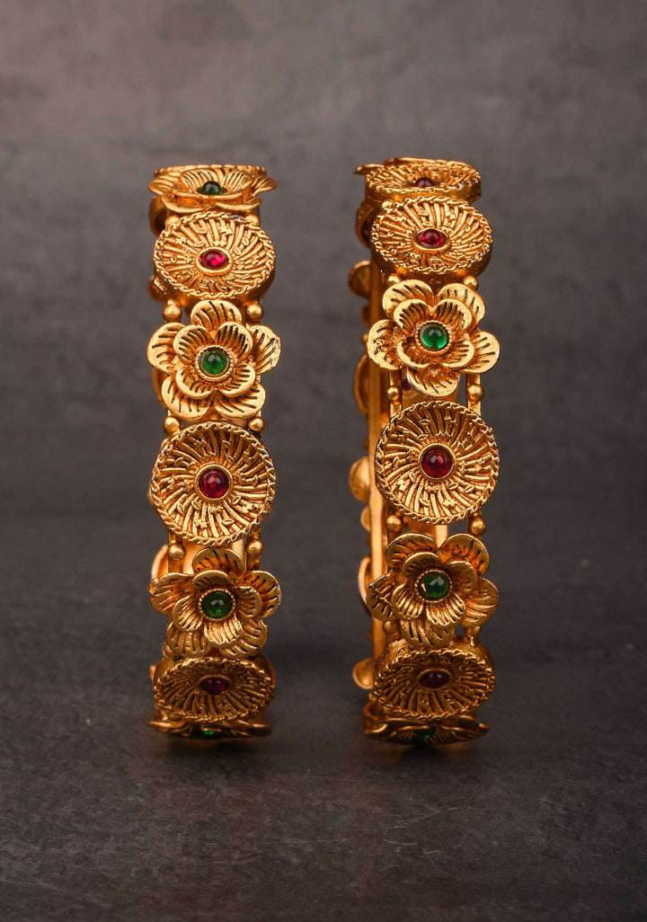 Antique Tone Floral Design Bangles – Size 2.6 Diameter