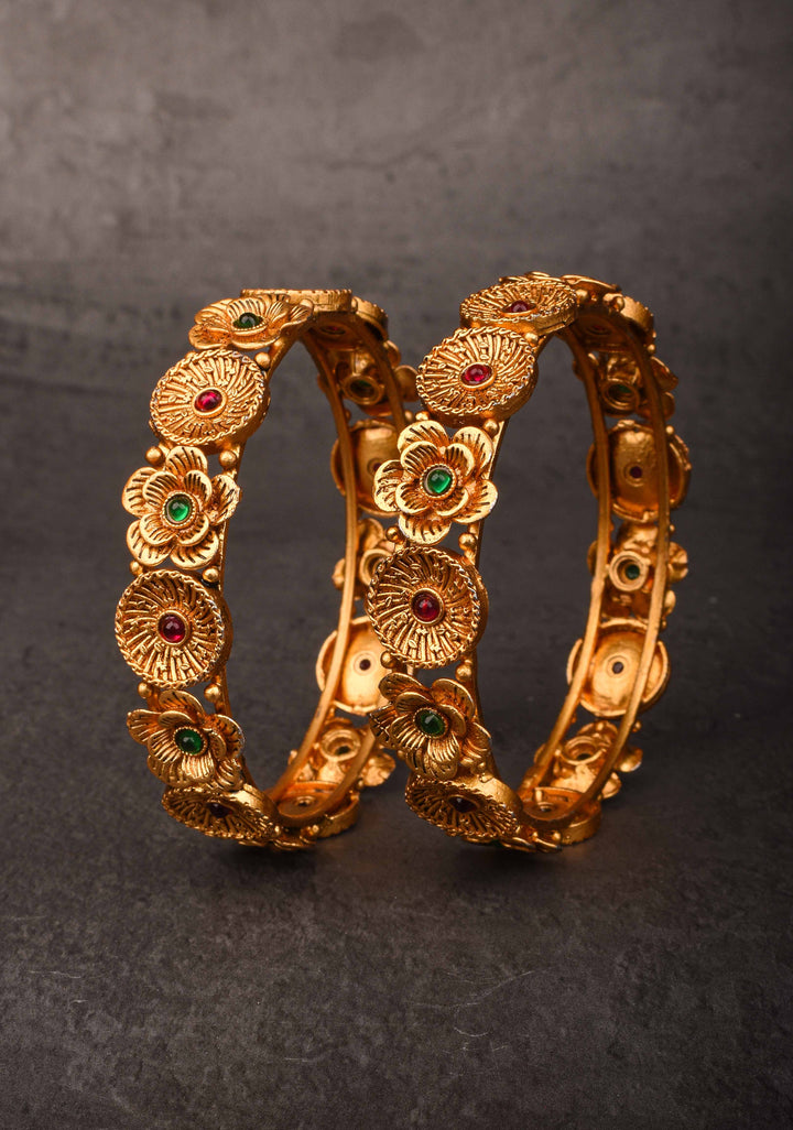 Antique Tone Floral Design Bangles – Size 2.6 Diameter