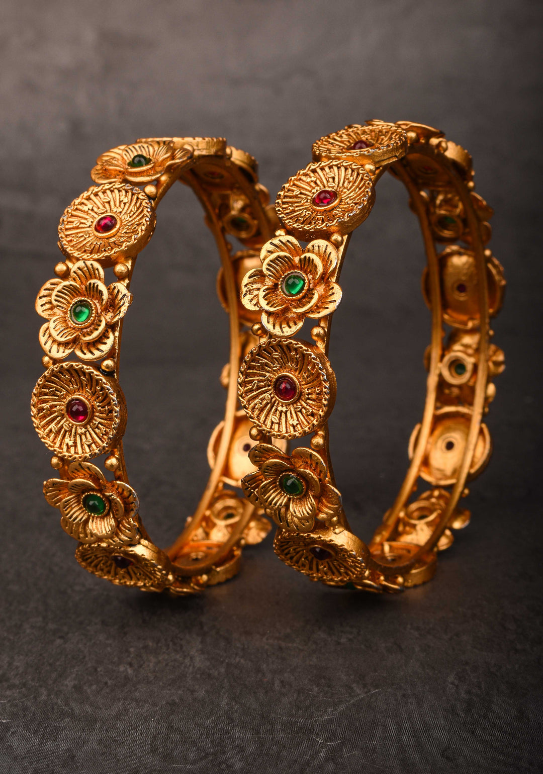 Antique Tone Floral Design Bangles – Size 2.6 Diameter