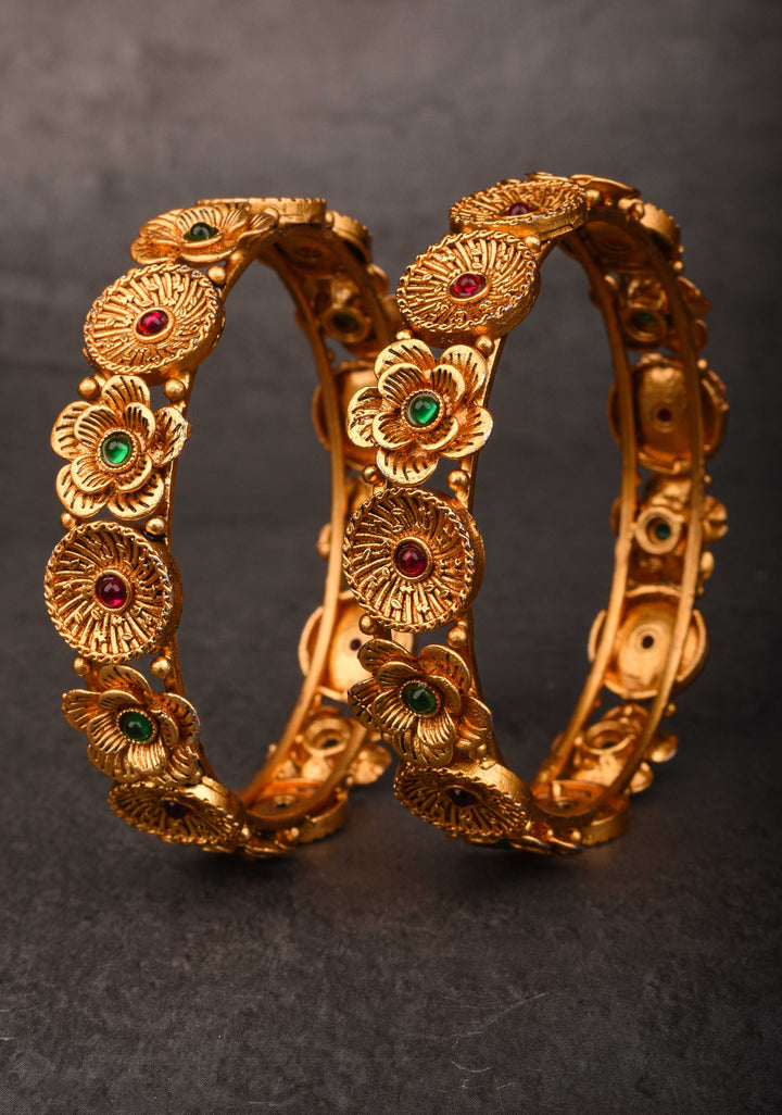 Antique Tone Floral Design Bangles – Size 2.6 Diameter