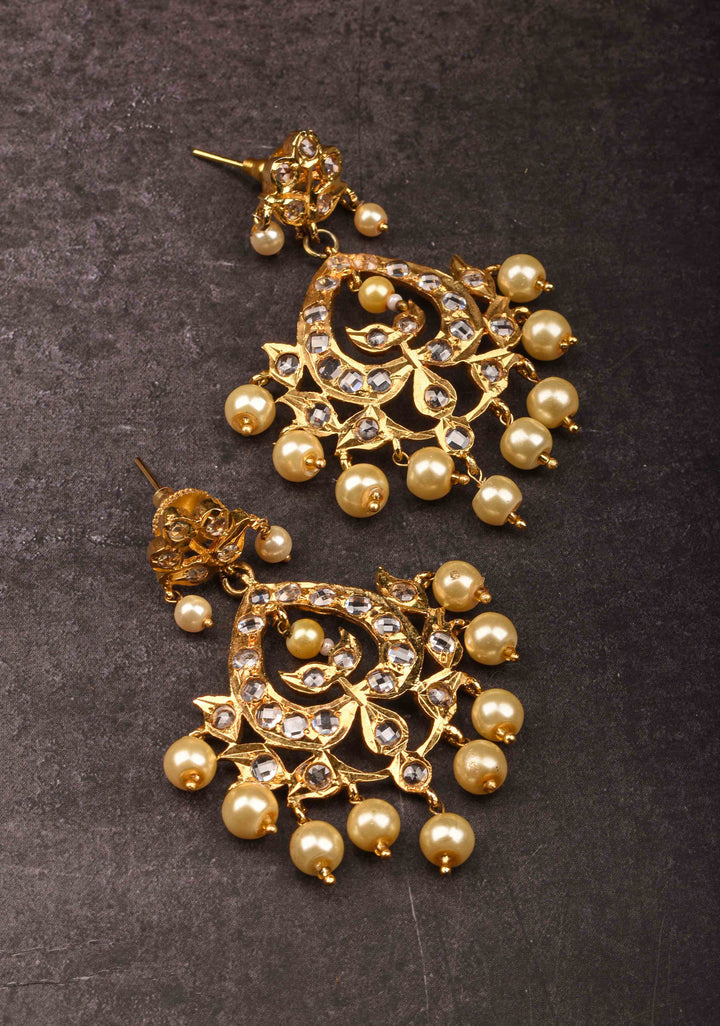 Leaf Design with White Stones and Dangling Pearls | Shobitam Jewelry