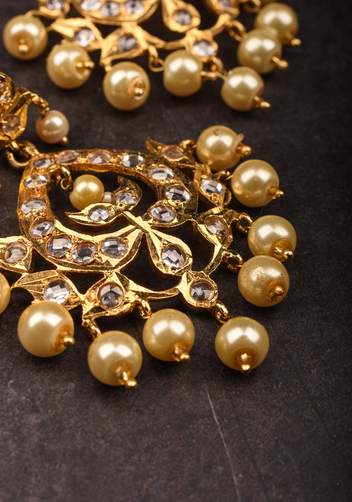 Leaf Design with White Stones and Dangling Pearls | Shobitam Jewelry