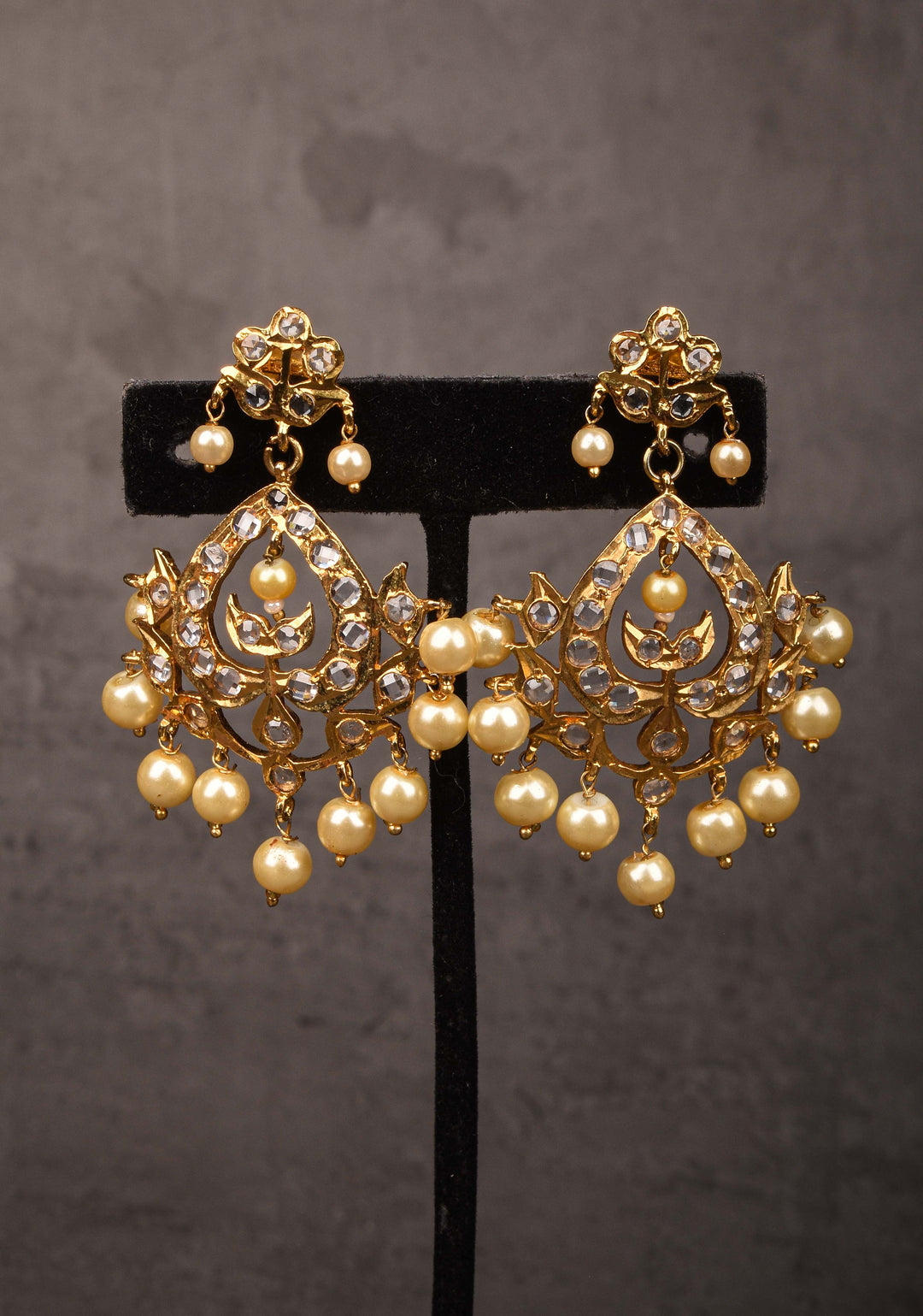 Leaf Design with White Stones and Dangling Pearls | Shobitam Jewelry