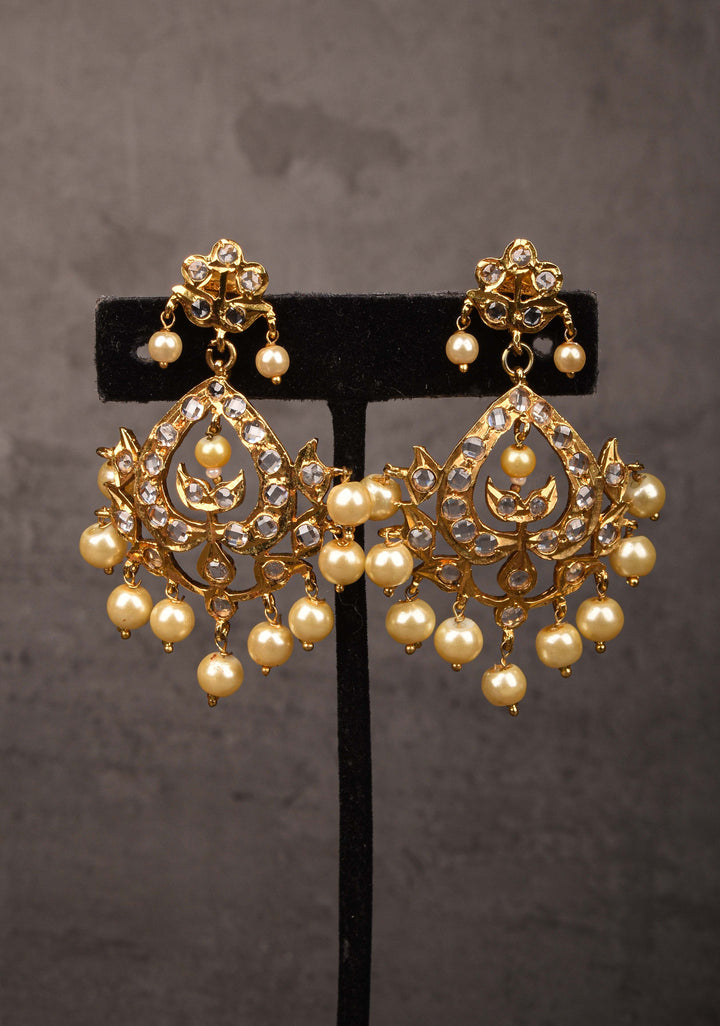 Leaf Design with White Stones and Dangling Pearls | Shobitam Jewelry