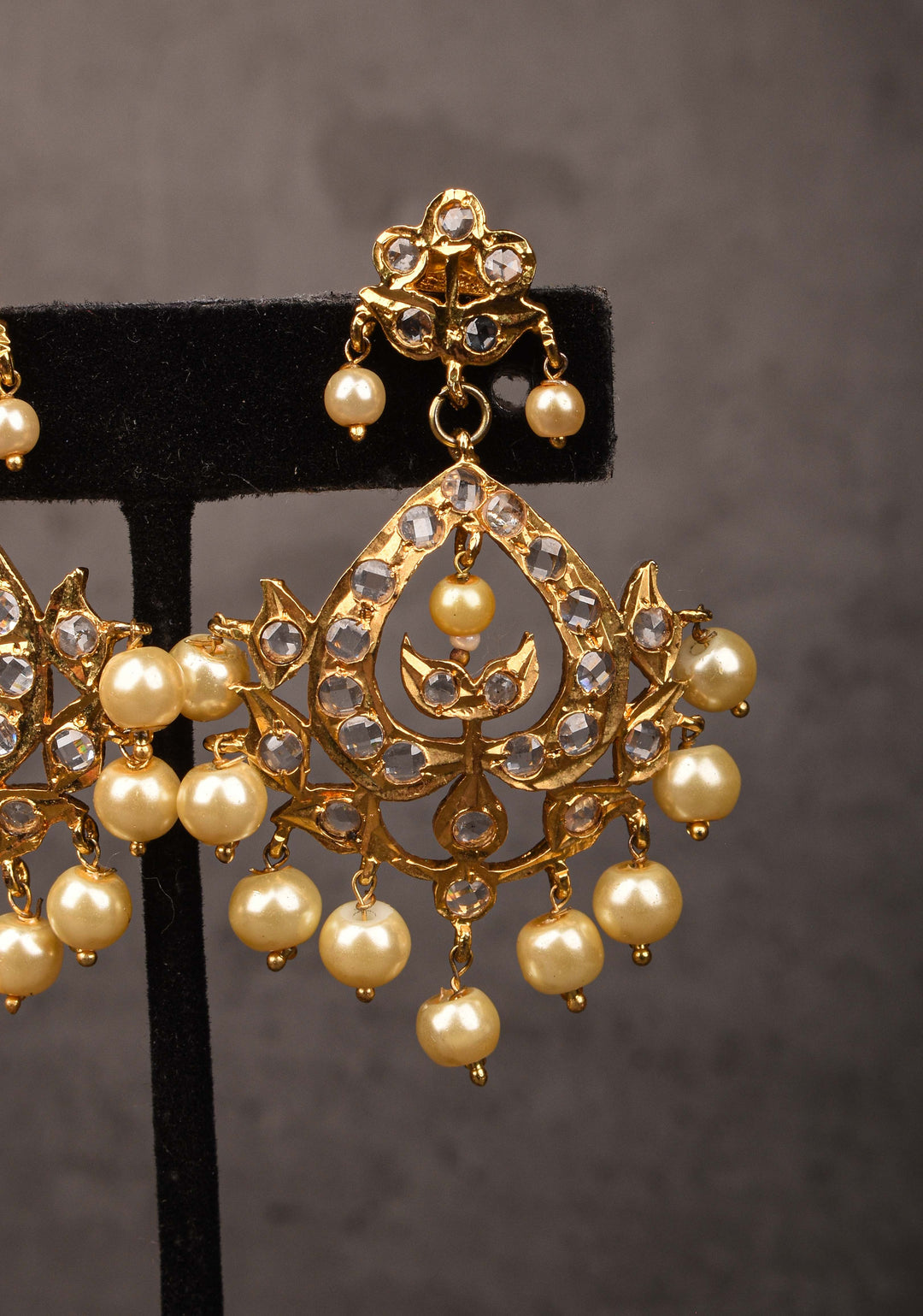 Leaf Design with White Stones and Dangling Pearls | Shobitam Jewelry