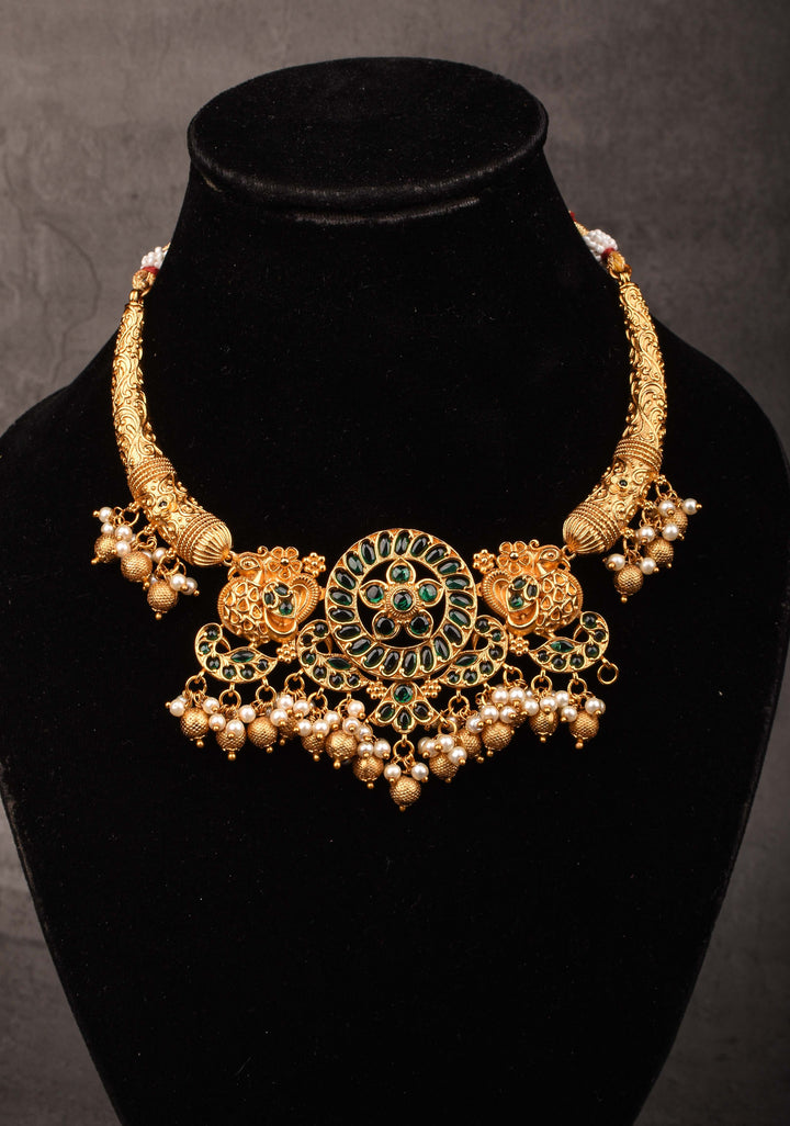 Hasli inspired Ethnic Necklace With Green stone and dangling beads
